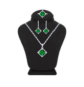 Asfour Crystal Jewelry Set Of Necklace, Earrings and Ring With Emerald Rhombus Design in 925 Sterling Silver-SM0004-G-7