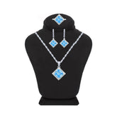 Asfour Crystal Jewelry Set Of Necklace, Earrings and Ring With Light Blue Rhombus Design in 925 Sterling Silver-SM0004-LB-8