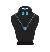 Asfour Crystal Jewelry Set Of Necklace, Earrings and Ring With Aquamarine Round Zircon in 925 Sterling Silver-SM0006-M-7