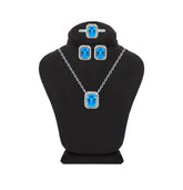 Asfour Crystal Jewelry Set Of Necklace, Earrings and Ring With Aquamarine Emerald Design in 925 Sterling Silver-SM0007-M-8