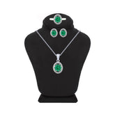 Asfour Crystal Jewelry Set Of Necklace, Earrings and Ring With Emerald Oval Design in 925 Sterling Silver-SM0008-WG-8