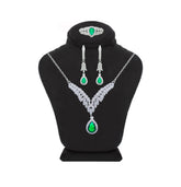 Asfour Crystal Jewelry Set Of Necklace, Earrings And Ring With Emerald Decorative V Design in 925 Sterling Silver-SM0011-WG-8