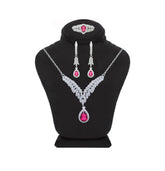 Asfour Crystal Jewelry Set Of Necklace, Earrings And Ring With Dark Rose Decorative V Design in 925 Sterling Silver-SM0011-WO5-7
