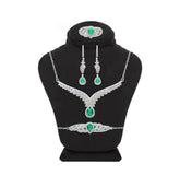 Asfour Crystal Jewelry Set Of Necklace, Earrings And Ring With Emerald Decorative V Design in 925 Sterling Silver-SM0012-WG-7