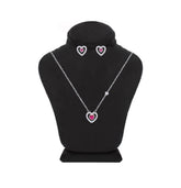 Asfour Crystal Jewelry Set Of Necklace & Earrings With Fuchsia Heart Design In 925 Sterling Silver -SM0016-F