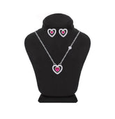Asfour Crystal Jewelry Set Of Necklace & Earrings With Fuchsia Heart Design In 925 Sterling Silver -SM0016-F