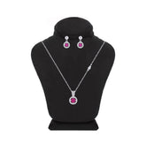 Asfour Crystal Jewelry Set Of Necklace & Earrings With Fuchsia Round Design In 925 Sterling Silver -SM0018-F