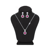 Asfour Crystal Jewelry Set Of Necklace & Earrings With Fuchsia Round Design In 925 Sterling Silver -SM0018-F