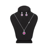 Asfour Crystal Jewelry Set With Fuchsia Halo Round Design In 925 Sterling Silver -SM0019-F
