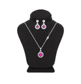 Asfour Crystal Jewelry Set Of Necklace & Earrings With Fuchsia Round Design In 925 Sterling Silver -SM0019-F
