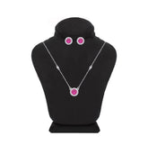 Asfour Crystal Jewelry Set Of Necklace & Earrings With Fuchsia Round Design In 925 Sterling Silver -SM0020-F
