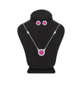Asfour Crystal Jewelry Set Of Necklace & Earrings With Fuchsia Round Design In 925 Sterling Silver -SM0020-F