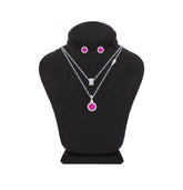 Asfour Crystal Jewelry Set Of Necklace & Earrings With Fuchsia Round Design In 925 Sterling Silver -SM0021-F