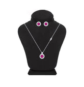 Asfour Crystal Jewelry Set Of Necklace & Earrings With Fuchsia Flower Design In 925 Sterling Silver -SM0022-F