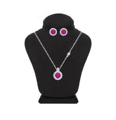 Asfour Crystal Jewelry Set Of Necklace & Earrings With Fuchsia Flower Design In 925 Sterling Silver -SM0022-F