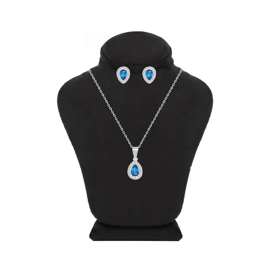 Asfour Crystal Jewelry Set With Dark Aquamarine Pear Design Inlaid With Zircon In 925 Sterling Silver-SM0044-M5