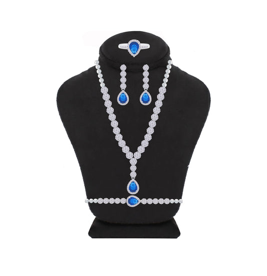 Asfour Crystal jewelry Set With Blue Round & Pear Design Inlaid With Zircon In 925 Sterling Silver-SM0047-WB-7