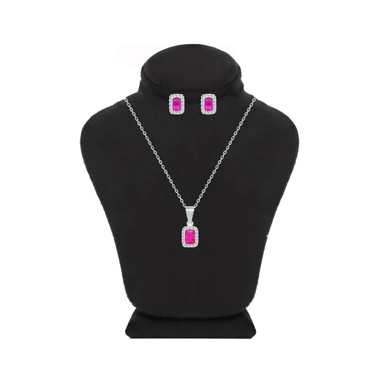 Asfour Crystal Jewelry Set With Fuchsia Emerald Design Inlaid With Zircon In 925 Sterling Silver-SM0049-F
