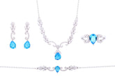 Asfour Crystal Jewelry Set Of Necklace & Bracelet & Earrings & Ring With Aquamarine Decorative Design In 925 Sterling Silver-SR0110-WM-7
