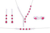 Asfour Crystal Jewelry Set Of Necklace & Bracelet & Earrings & Ring With Fuchsia Pear Design In 925 Sterling Silver-SR0115-WF-9