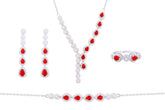 Asfour Crystal Jewelry Set Of Necklace & Bracelet & Earrings & Ring With Ruby Pear Design In 925 Sterling Silver-SR0115-WR-8