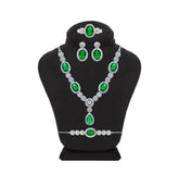 Asfour Crystal Jewelry Set Of Necklace & Bracelet & Earrings & Ring With Emerald Oval Design In 925 Sterling Silver-SR0118-G-6