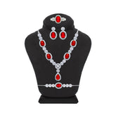 Asfour Crystal Jewelry Set Of Necklace & Bracelet & Earrings & Ring With Ruby Oval Design In 925 Sterling Silver-SR0118-R-8