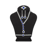 Asfour Crystal Jewelry Set Of Necklace & Bracelet & Earrings & Ring With Blue Pear Design In 925 Sterling Silver-SR0120-WB-8