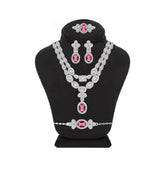 Asfour Crystal Jewelry Set Of Necklace & Bracelet & Earrings & Ring With Fuchsia Decorative Design In 925 Sterling Silver-SR0121-WF-7