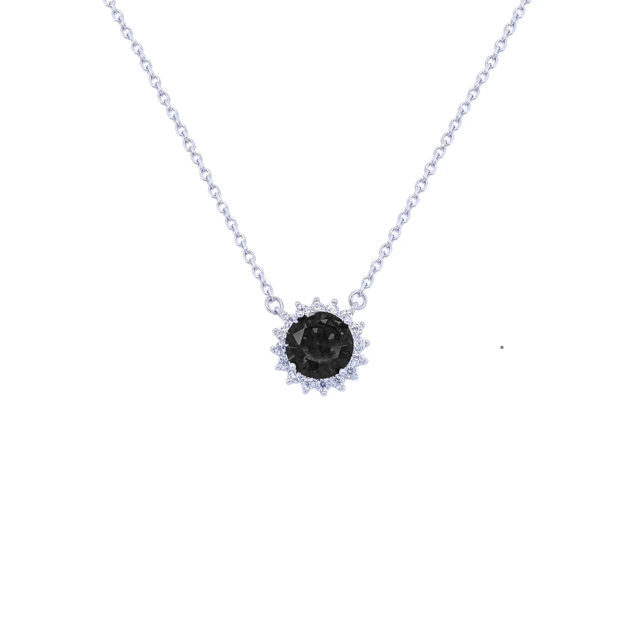 Silver Necklace 925 Sterling With Black Circular Crystal-Necklaces-Asfour Crystal