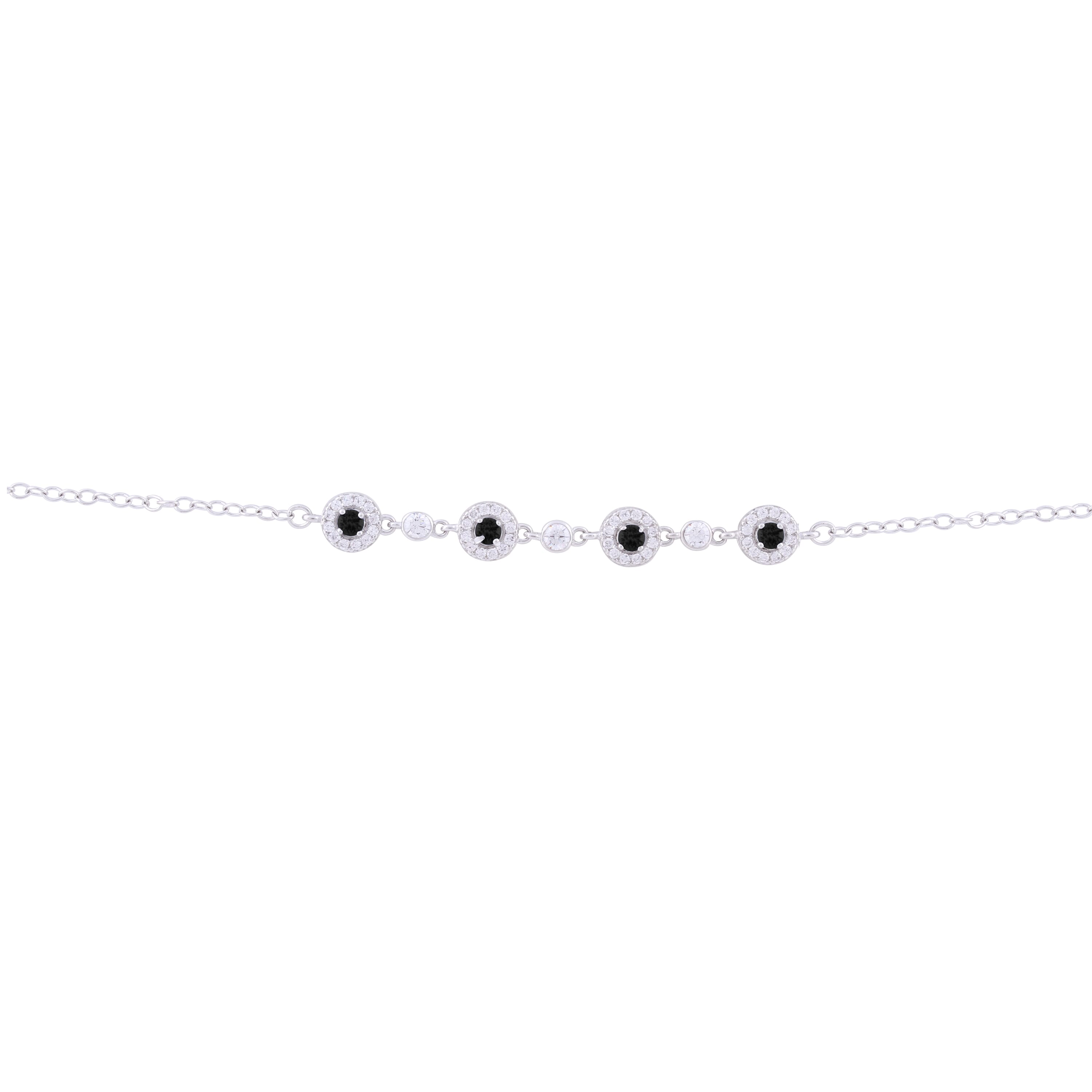 Asfour Chain Bracelet Made Of 925 Sterling Silver In The Shape Of Four Circles, In The Middle Of Each Circle Is A Black Stone And Its Frame Is Studded With Transparent Zircon Stones