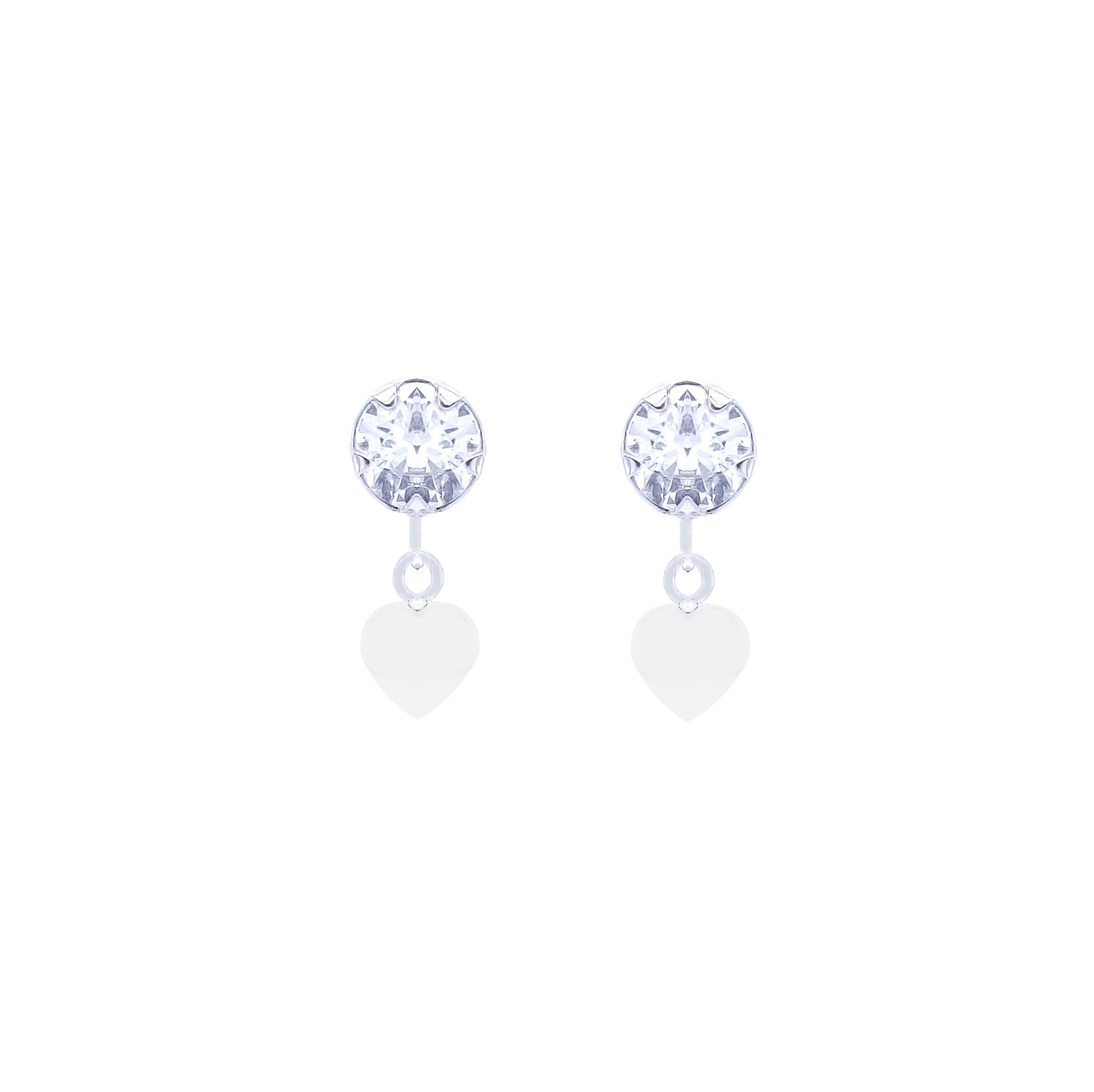 Asfour Drop Stud Earring Made Of 925 Sterling Silver, Inlaid With A Round Stone Of Transparent Zircon, And A Solid Heart-Shaped Design Made