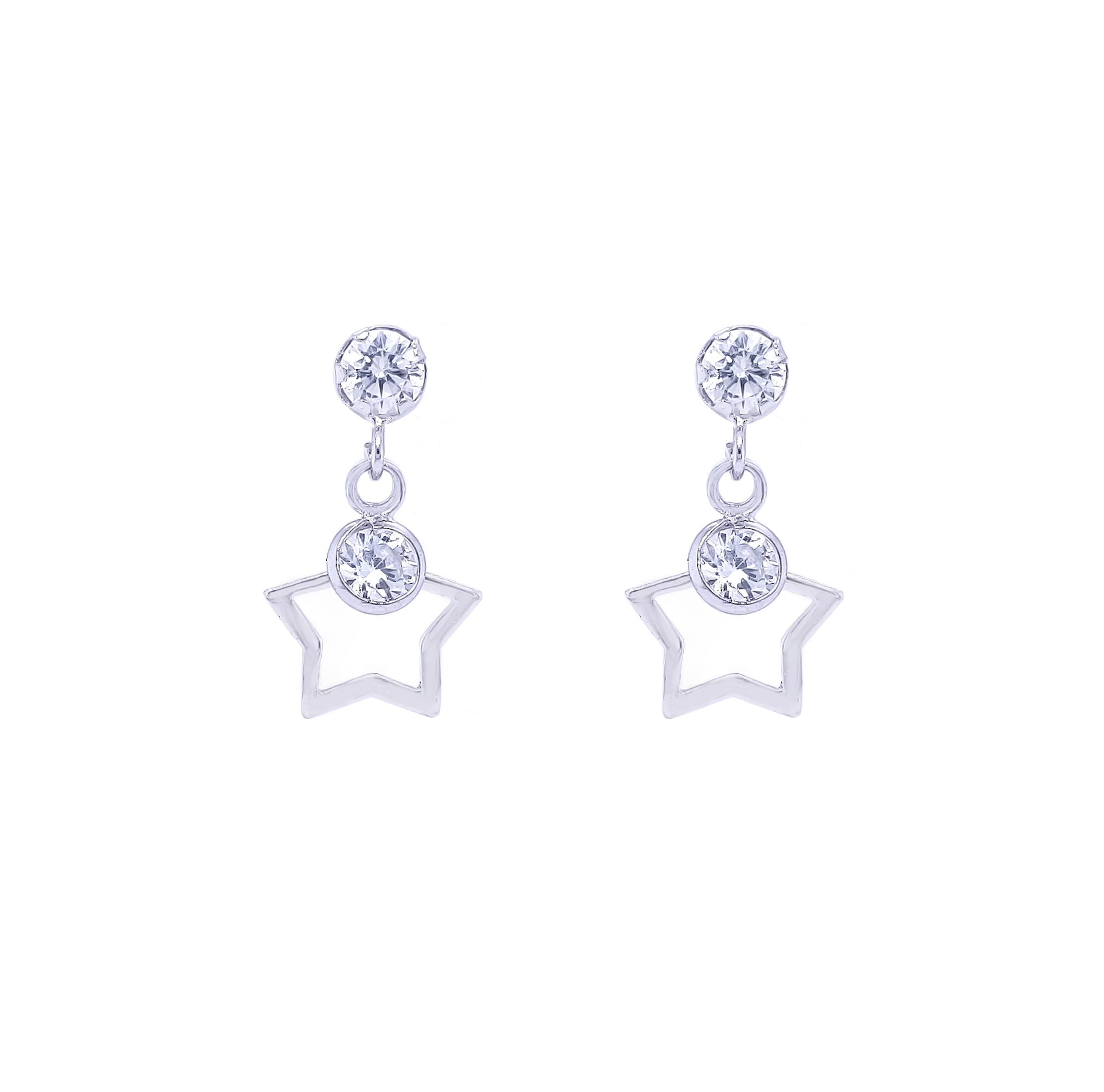 Asfour Stud Earring Made Of 925 Sterling Silver, Inlaid With A Round Transparent Zircon Stone , And A Hollow Star Shape