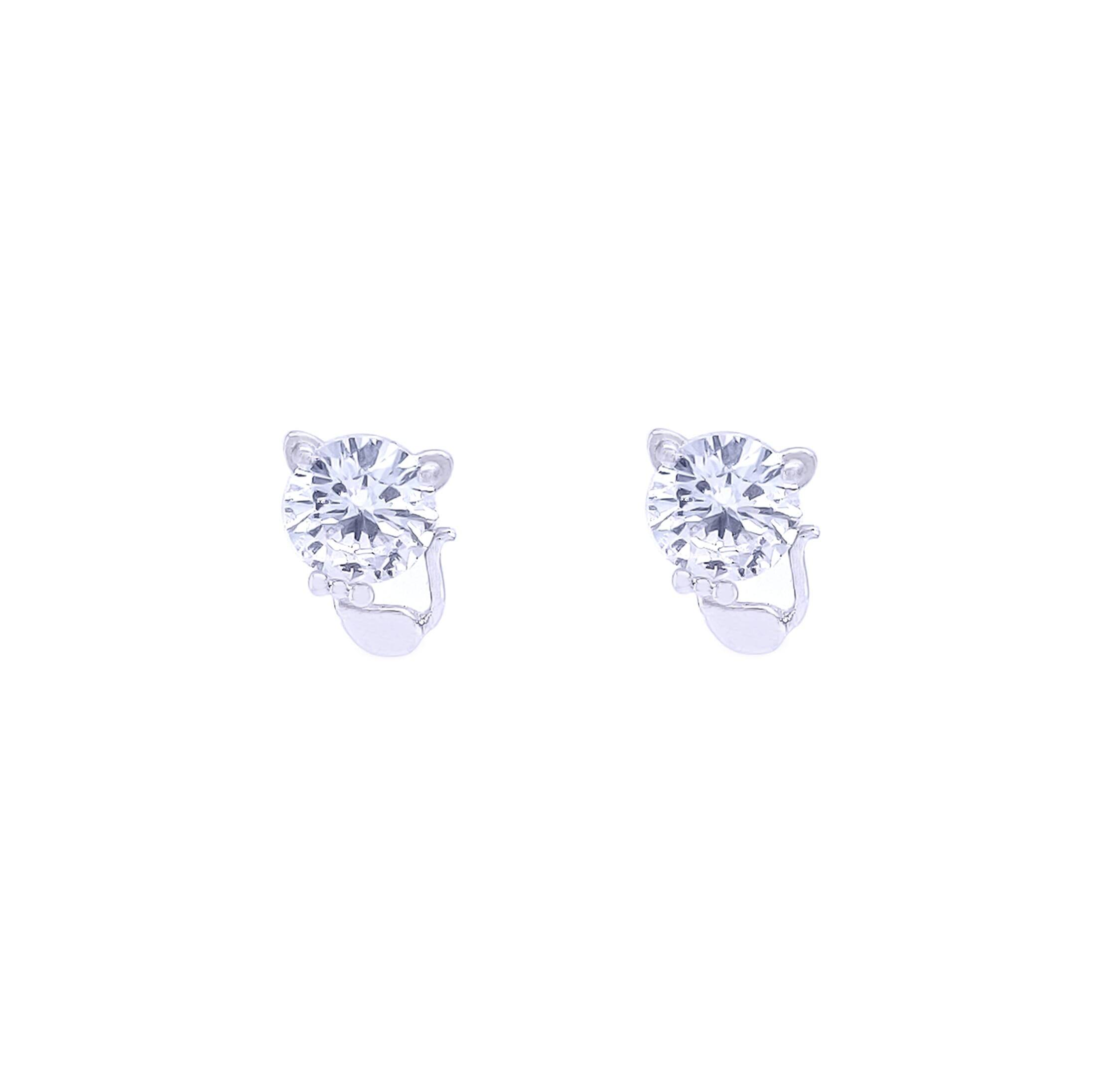 Asfour Stud Earring Made Of 925 Sterling Silver, With A Cat Shape Design, Its Head Is A Large Lobe Of Transparent Zircon Stone,