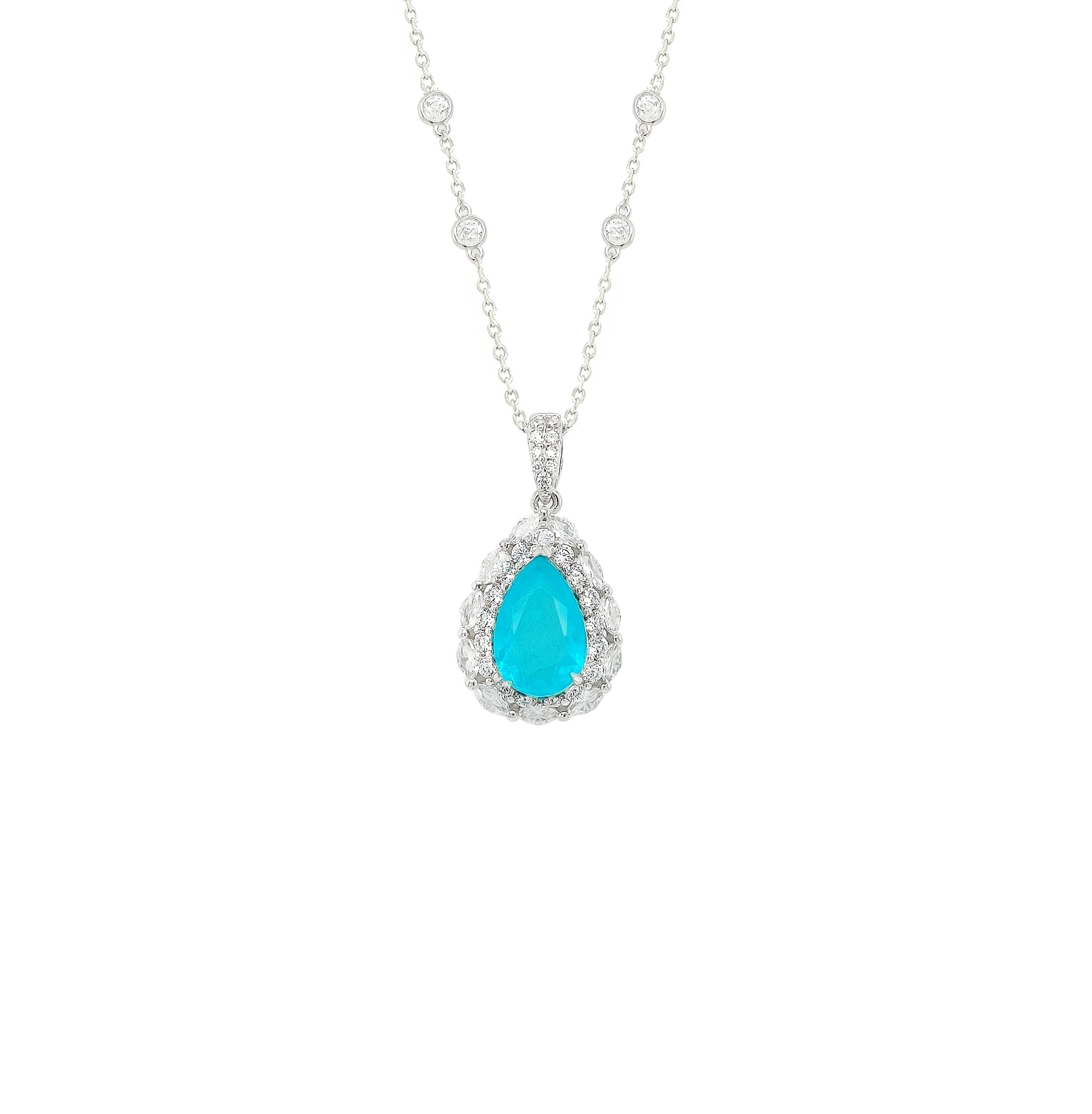 Asfour Crystal Necklaces With Clear & Aqua Zircon NK0020-M-Silver