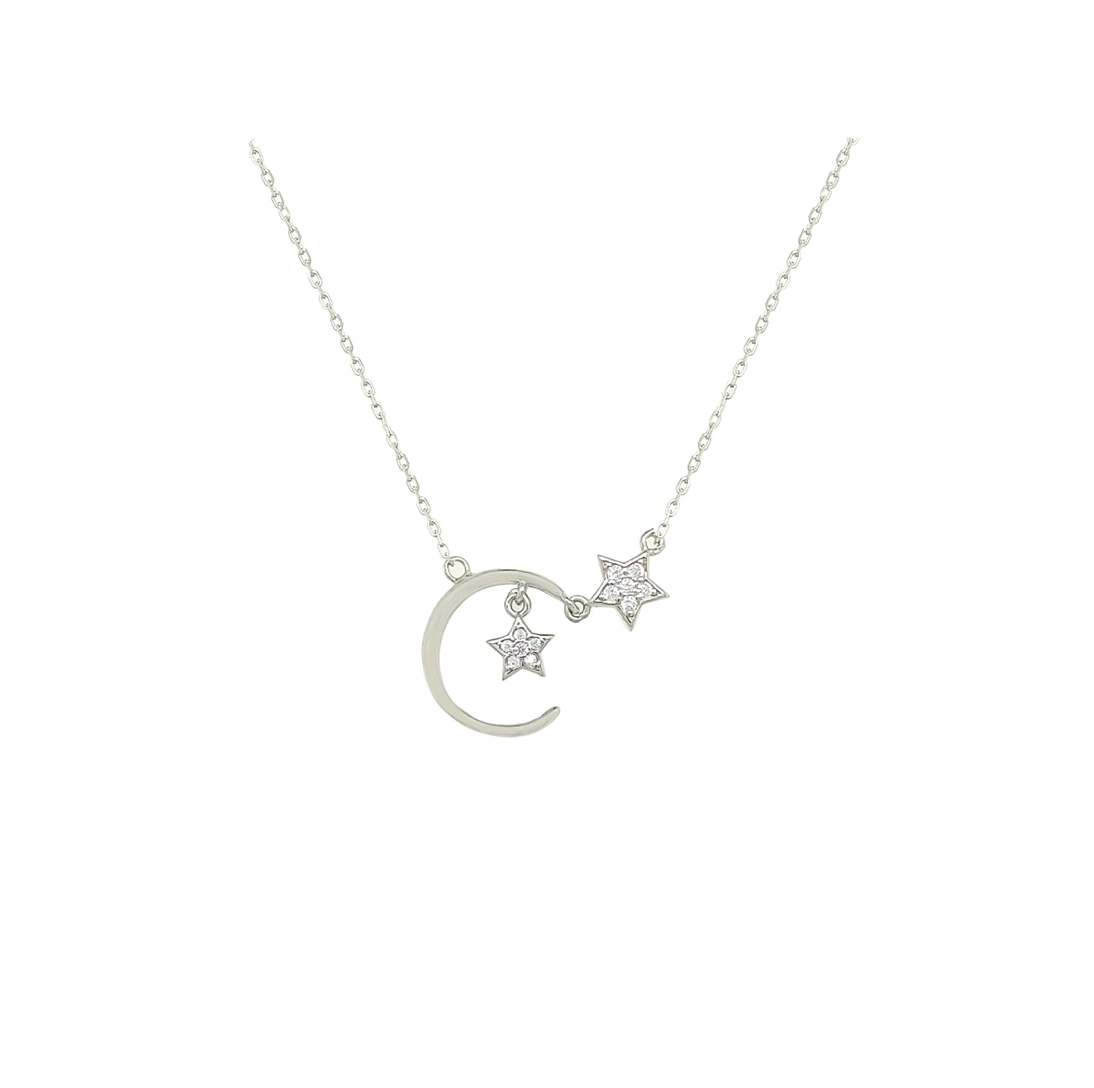 Asfour Crystal 925 Sterling Silver Crescent With Star Chain Necklace
