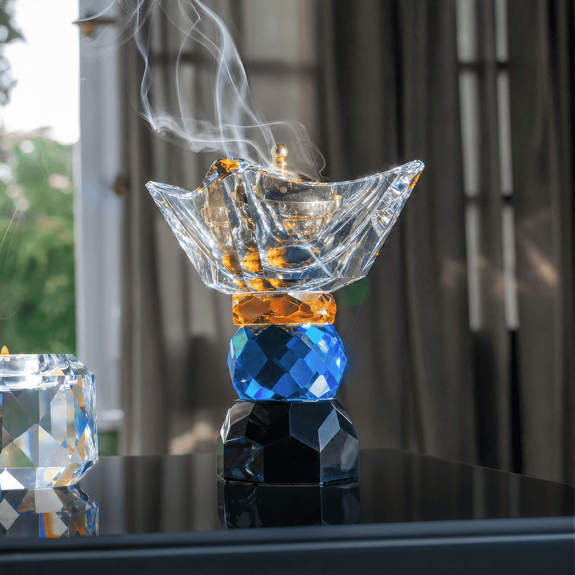 Taj Incense Burner 14/12 with Light Topaz, Light Sapphire & Jet Crystal