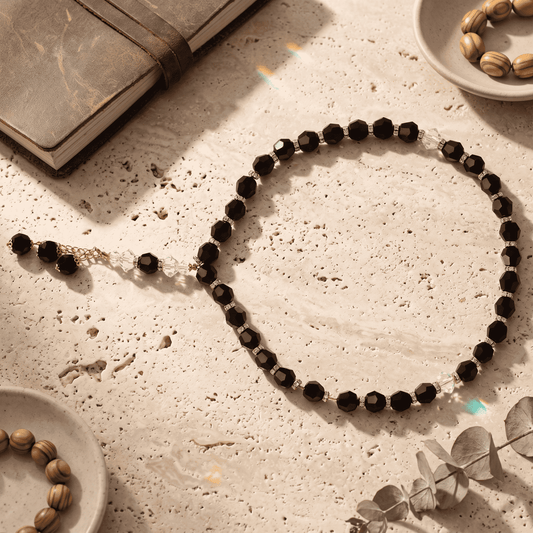 Crystal Rosary Black Large Beads Gold Separators - Asfour Crystal