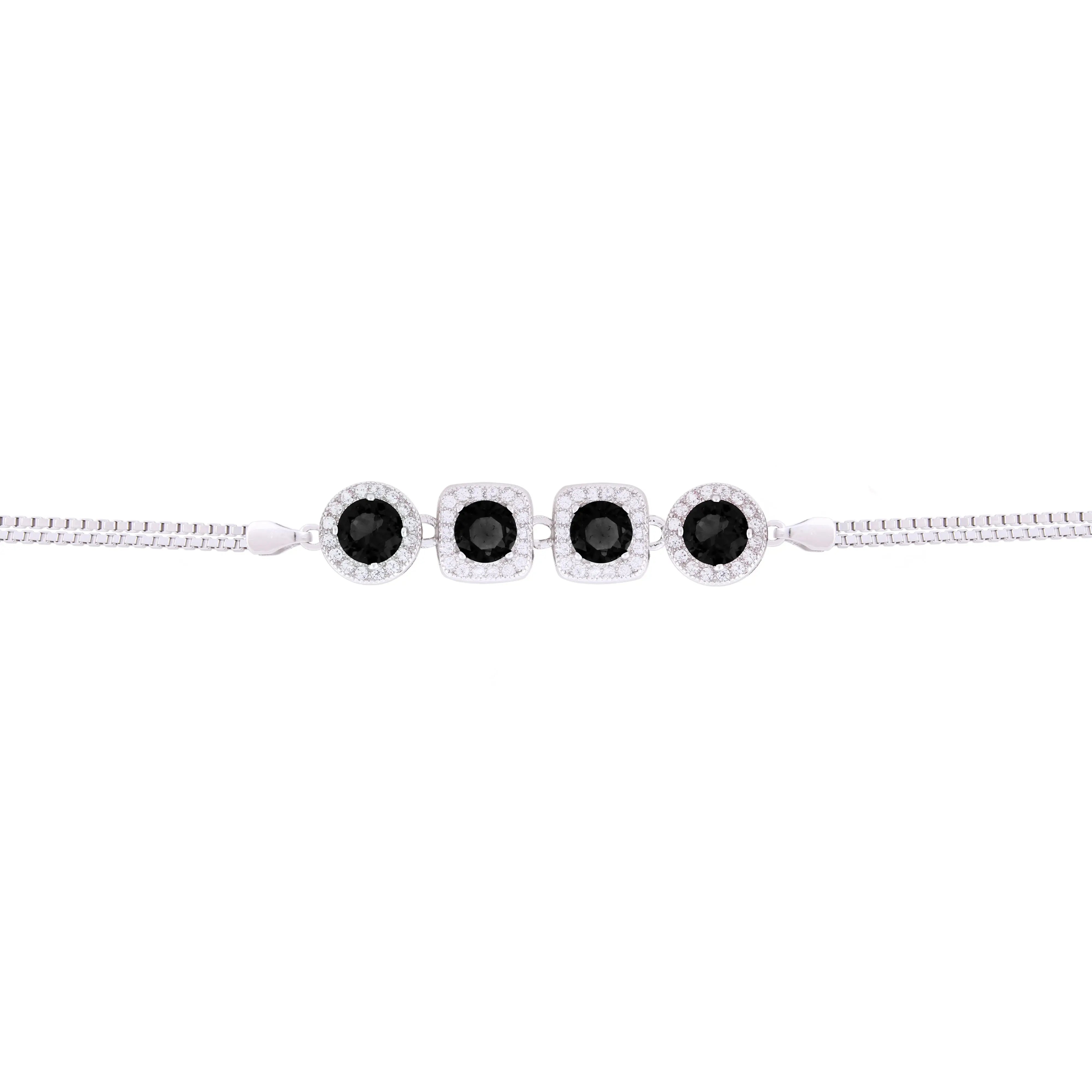 Asfour Box Chain Bracelet With Black Zircon Stones in 925 Sterling Silver