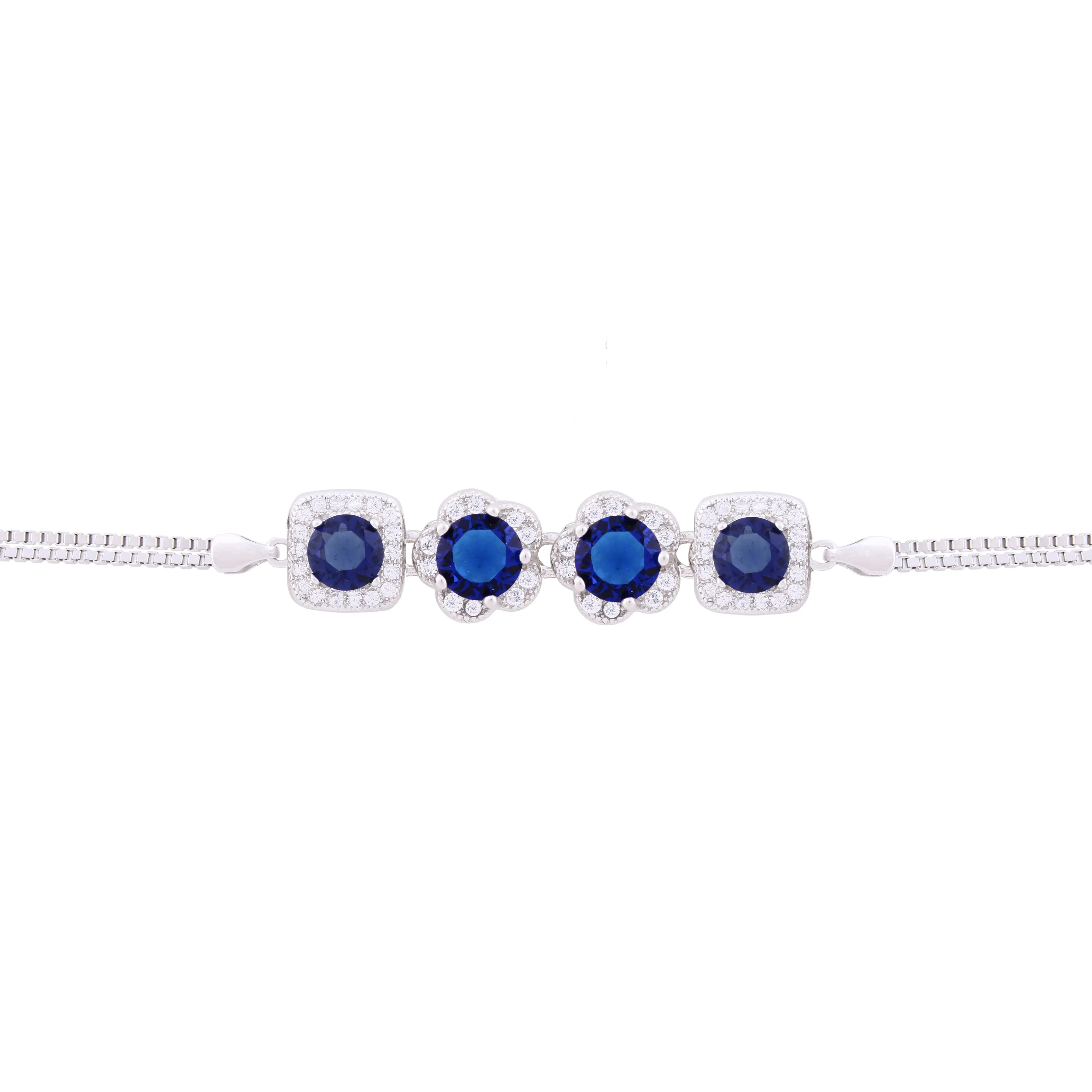 Asfour Box Chain Bracelet With Blue Zircon Stones in 925 Sterling Silver