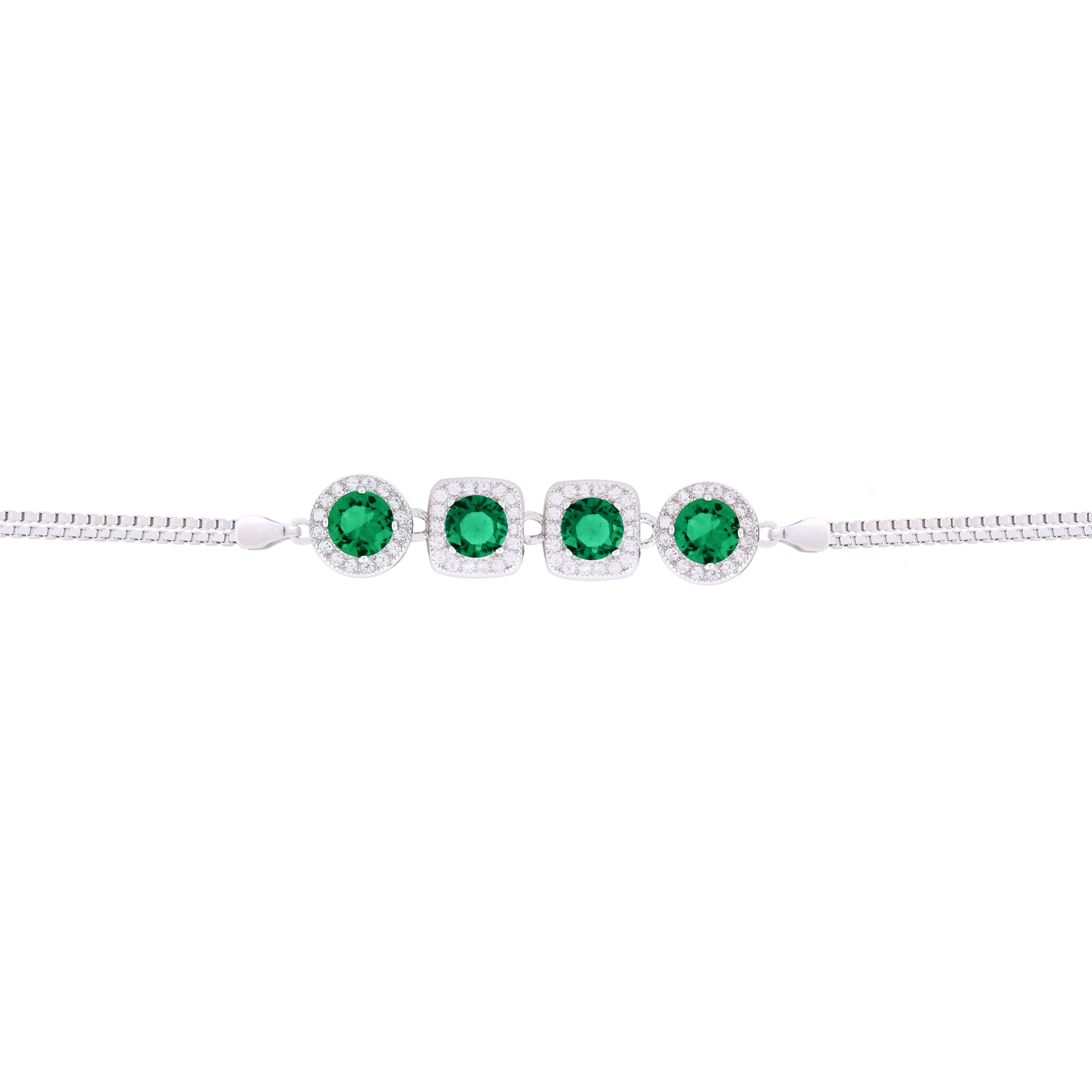 Asfour Box Chain Bracelet With Green Zircon Stones in 925 Sterling Silver