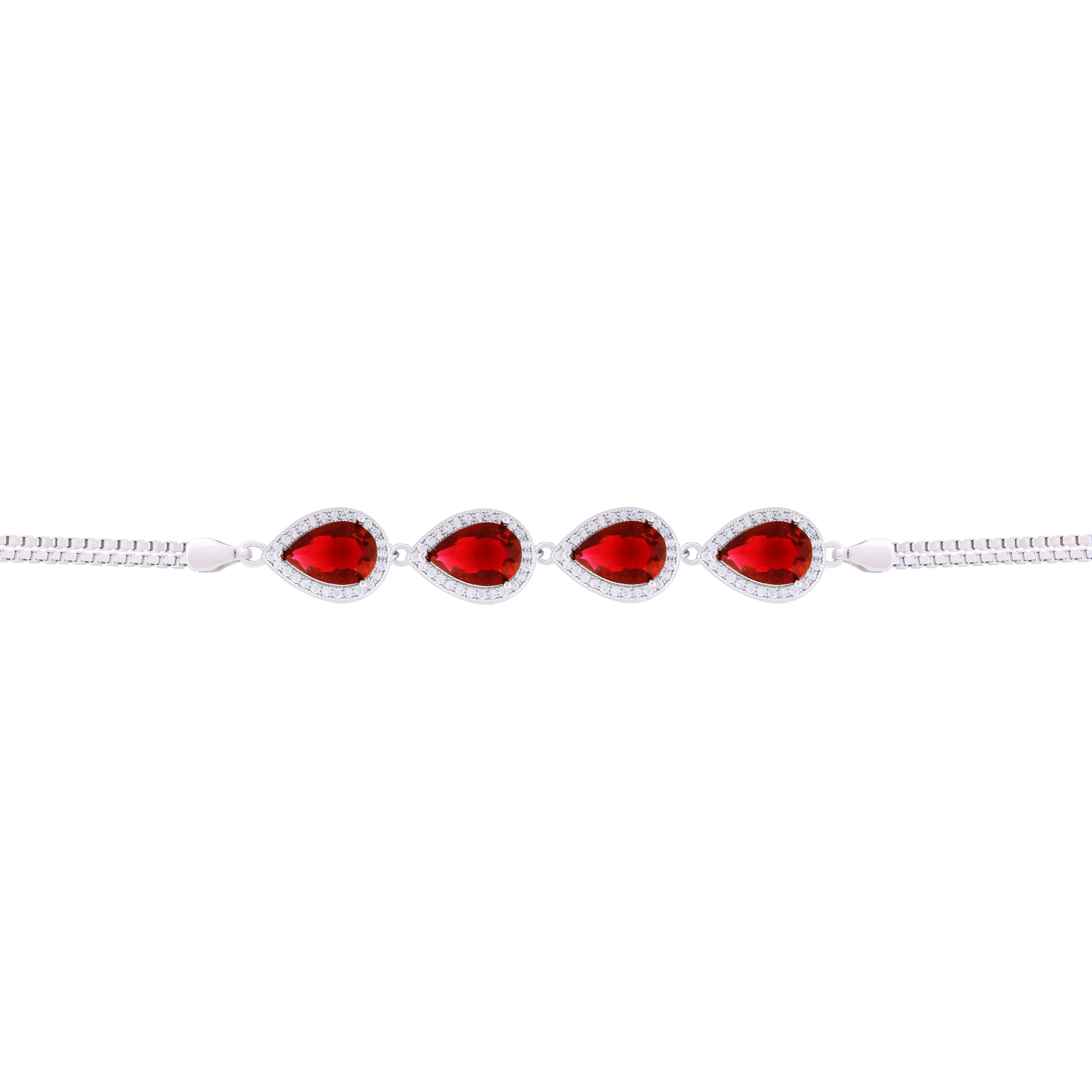 Asfour Box Chain Bracelet With Red Pears Stones in 925 Sterling Silver