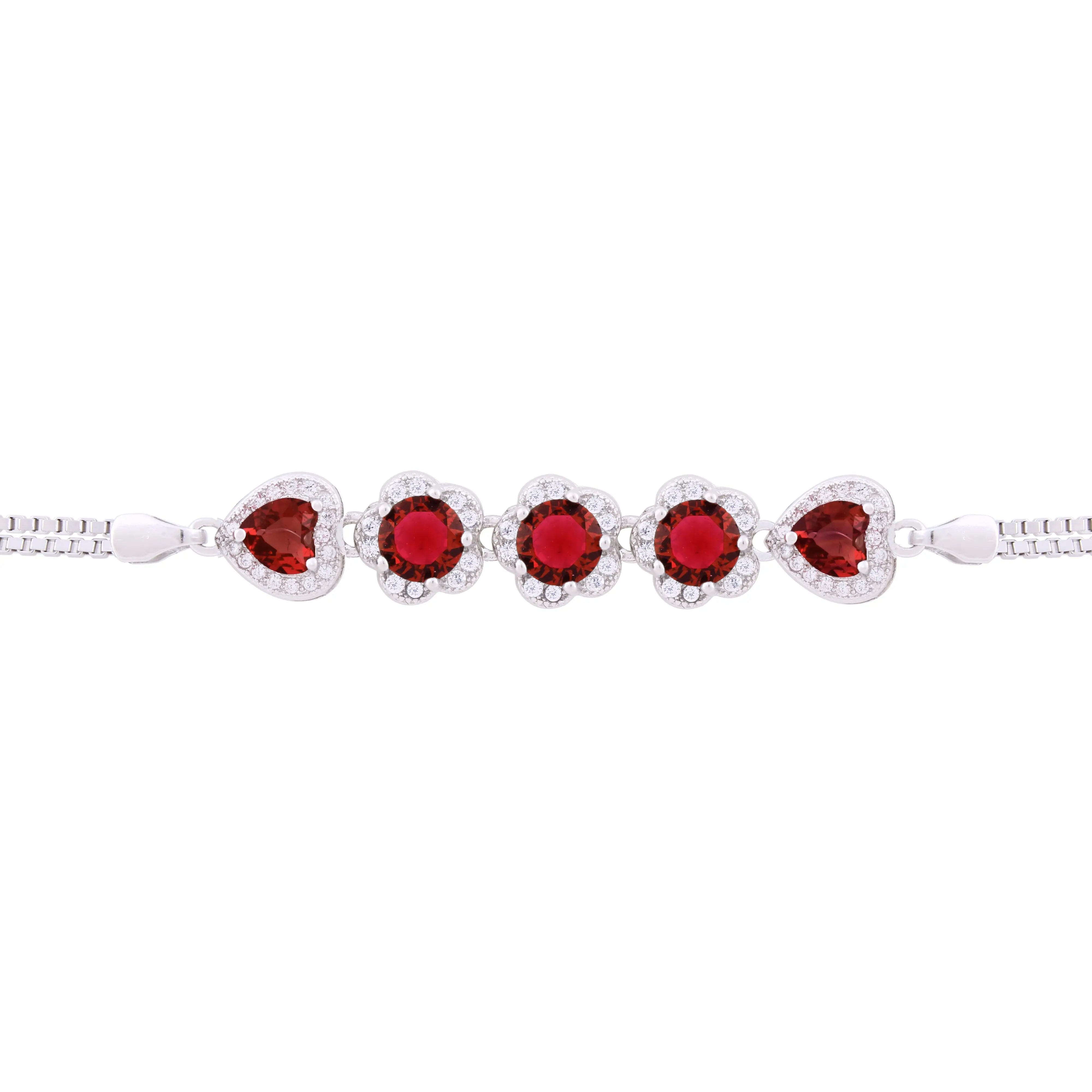 Asfour Box Chain Bracelet With Red Stones in 925 Sterling Silver