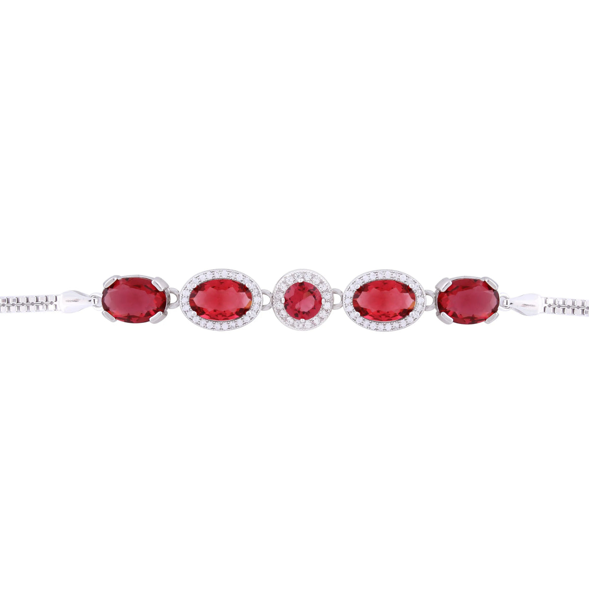 Asfour Box Chain Bracelet With Red Zircon Stones in 925 Sterling Silver