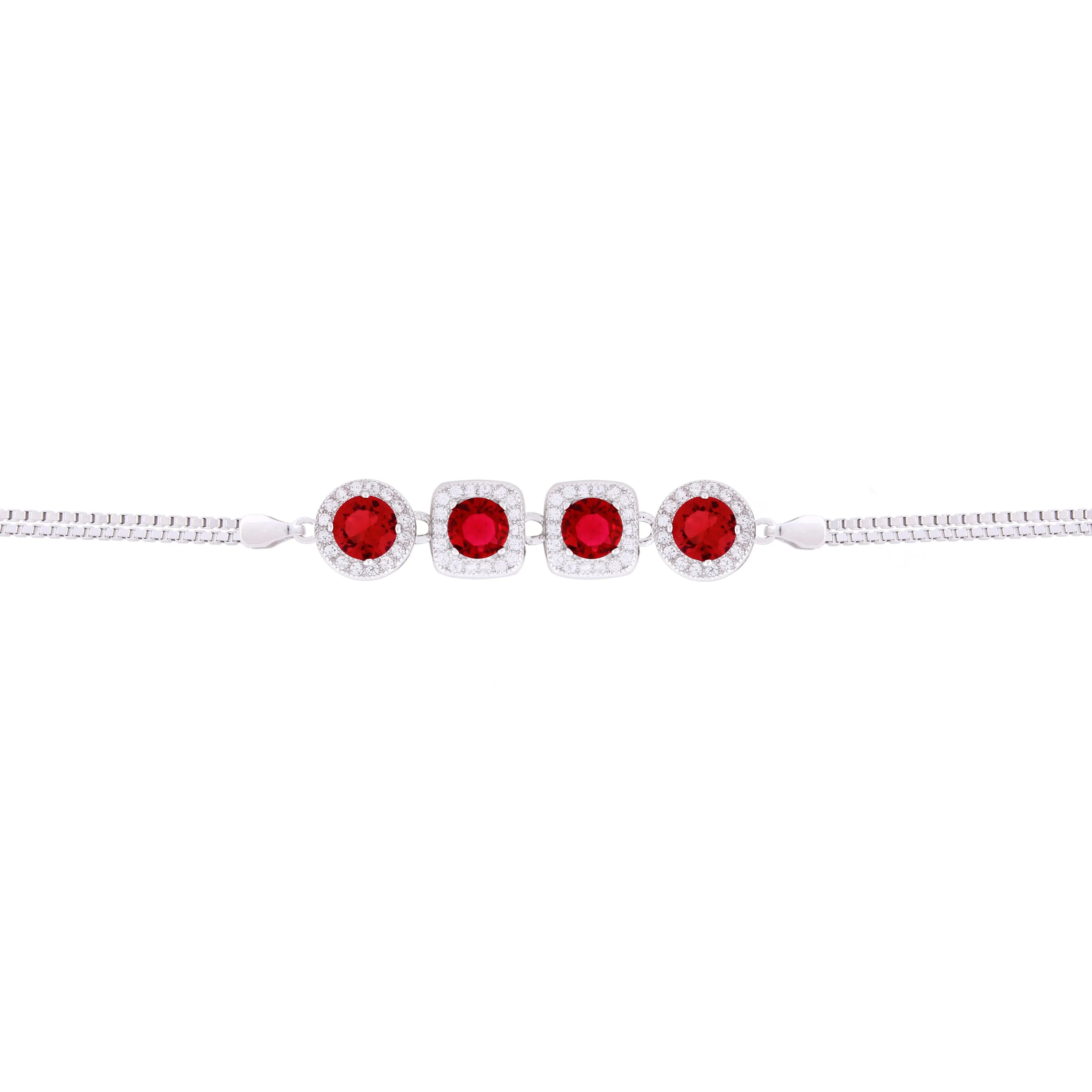 Asfour Box Chain Bracelet With Red Zircon Stones in 925 Sterling Silver