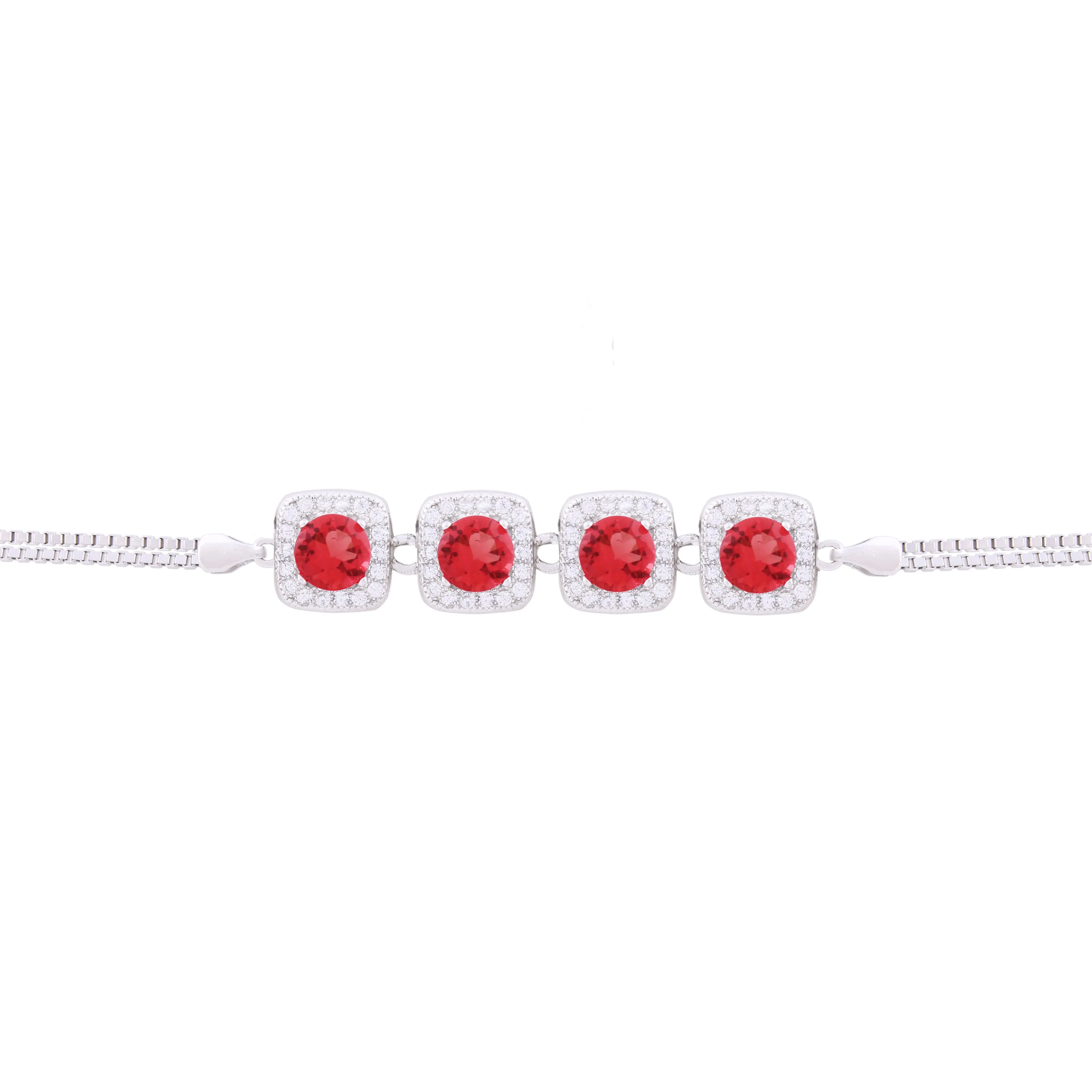 Asfour Box Chain Bracelet With Red Zircon Stones in 925 Sterling Silver