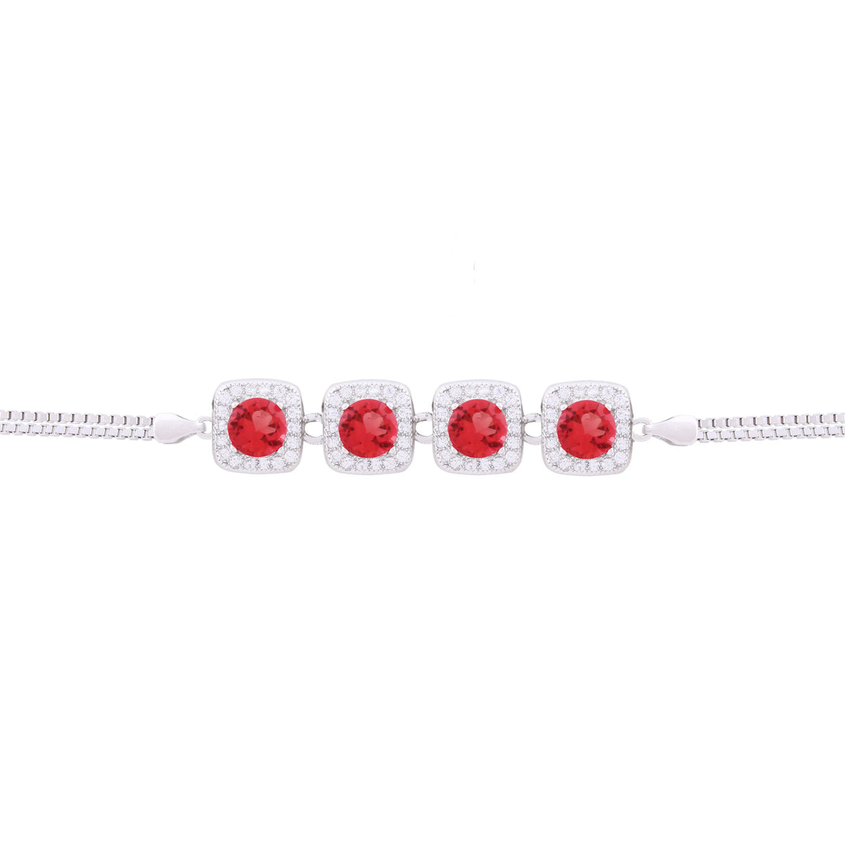 Asfour Box Chain Bracelet With Red Zircon Stones in 925 Sterling Silver