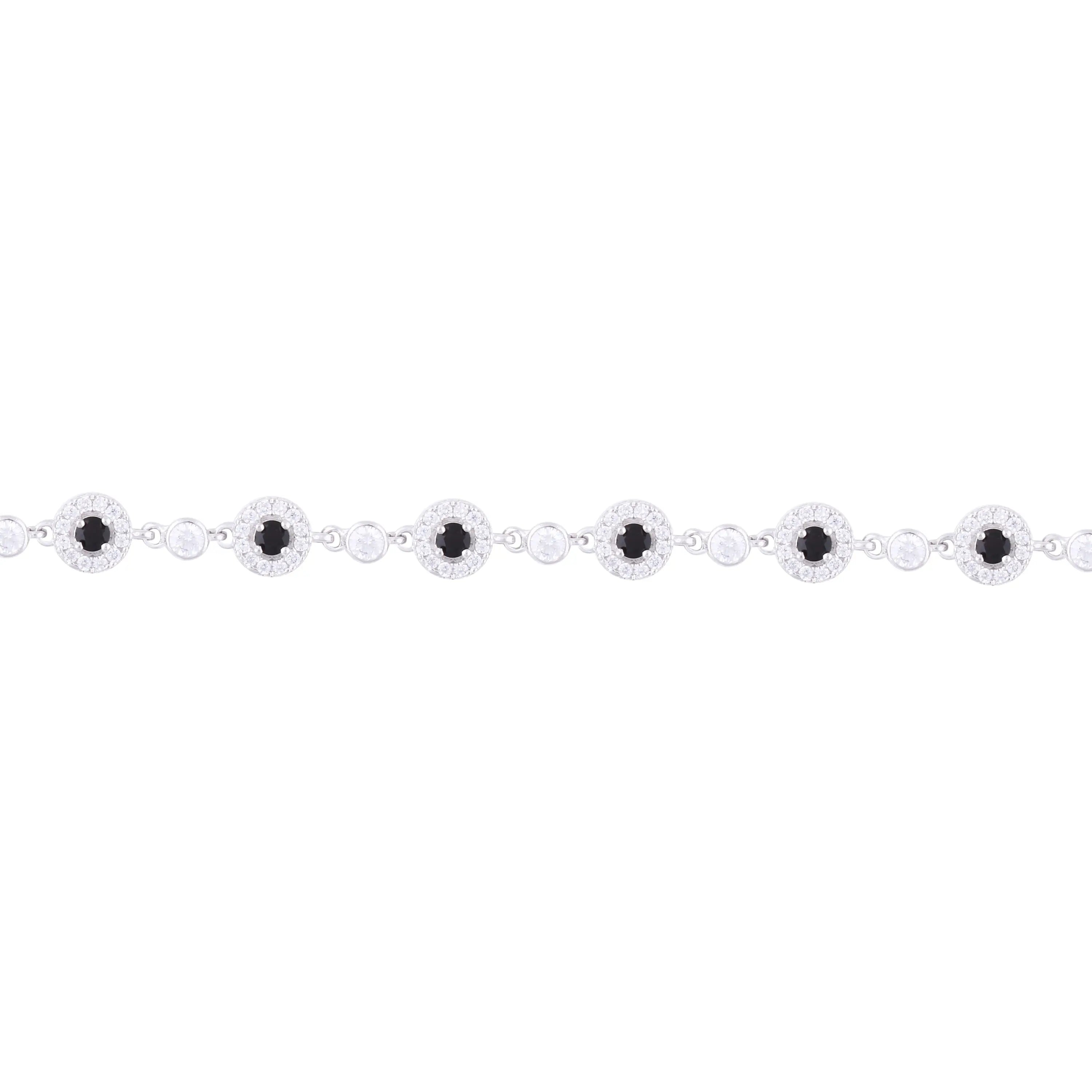 Asfour Chain Bracelet Made Of 925 Sterling Silver In The Shape Of Circles, Inlaid With Transparent & Black Zircon Stones
