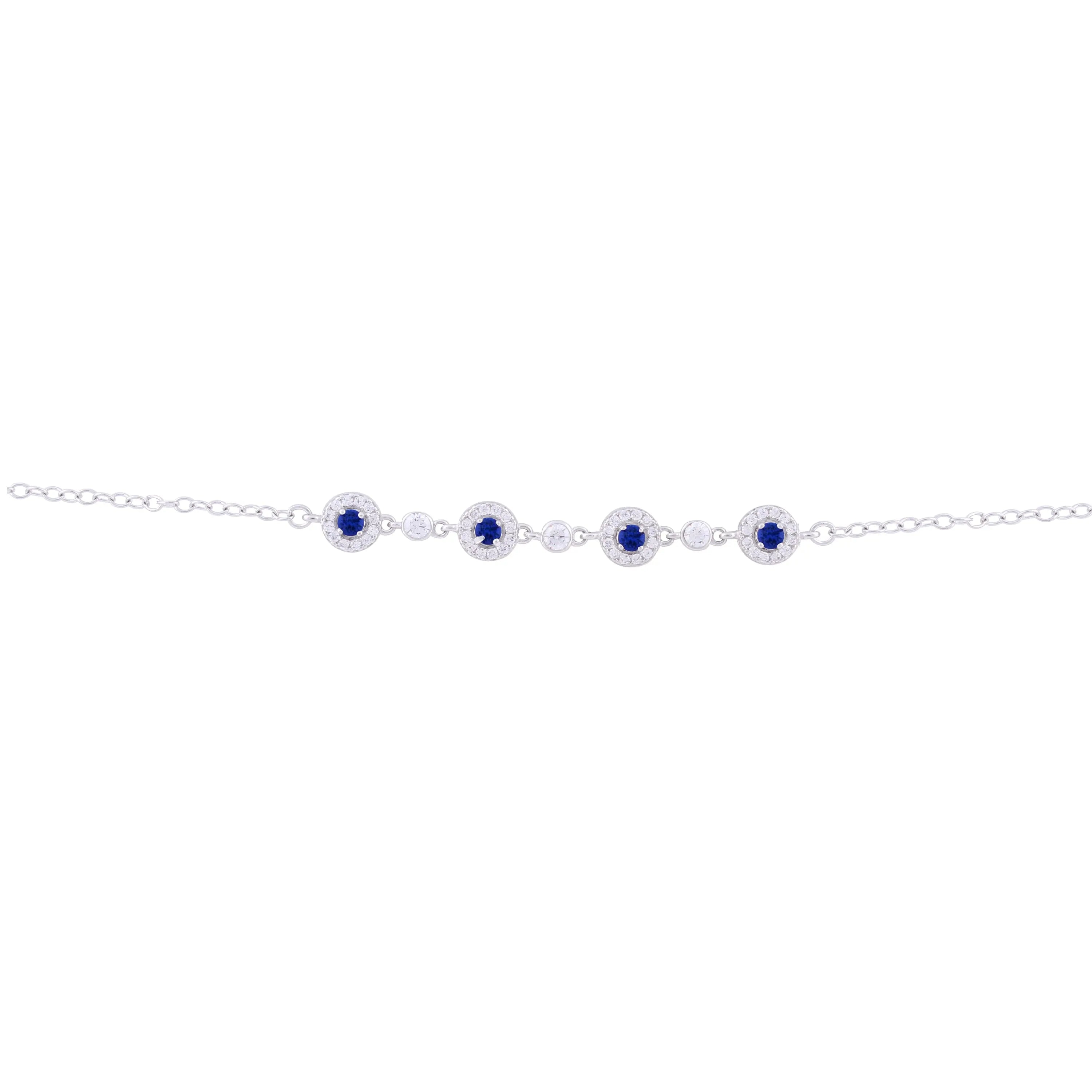 Asfour Chain Bracelet Made Of 925 Sterling Silver In The Shape Of Four Circles, In The Middle Of Each Circle Is A Blue Stone And Its Frame Is Studded With Transparent Zircon Stones