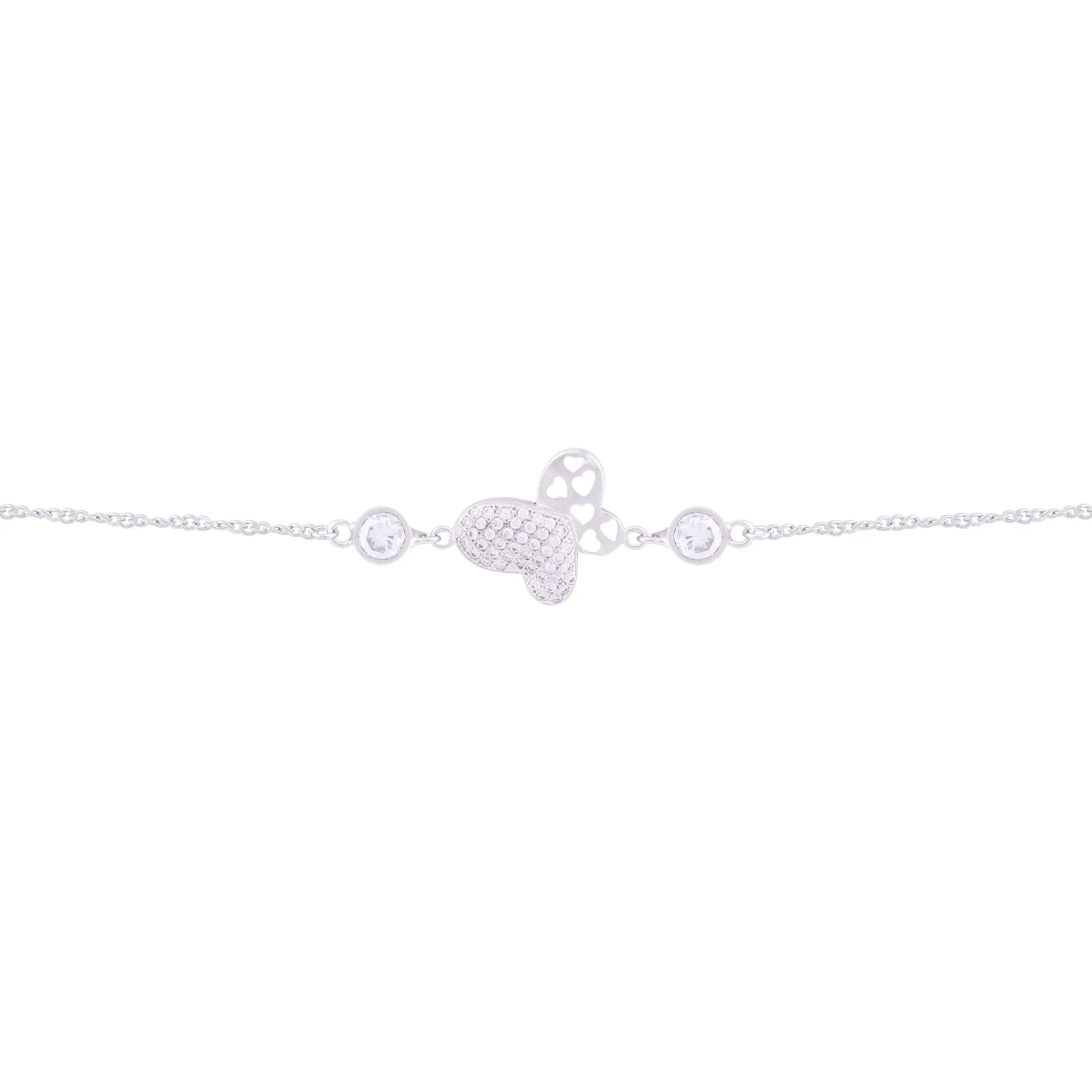 Asfour Chain Bracelet Made Of 925 Sterling Silver With A Butterfly Design, Half Of Which Is Encrusted With Zircon Stone And The Other Half Has Hollow Hearts